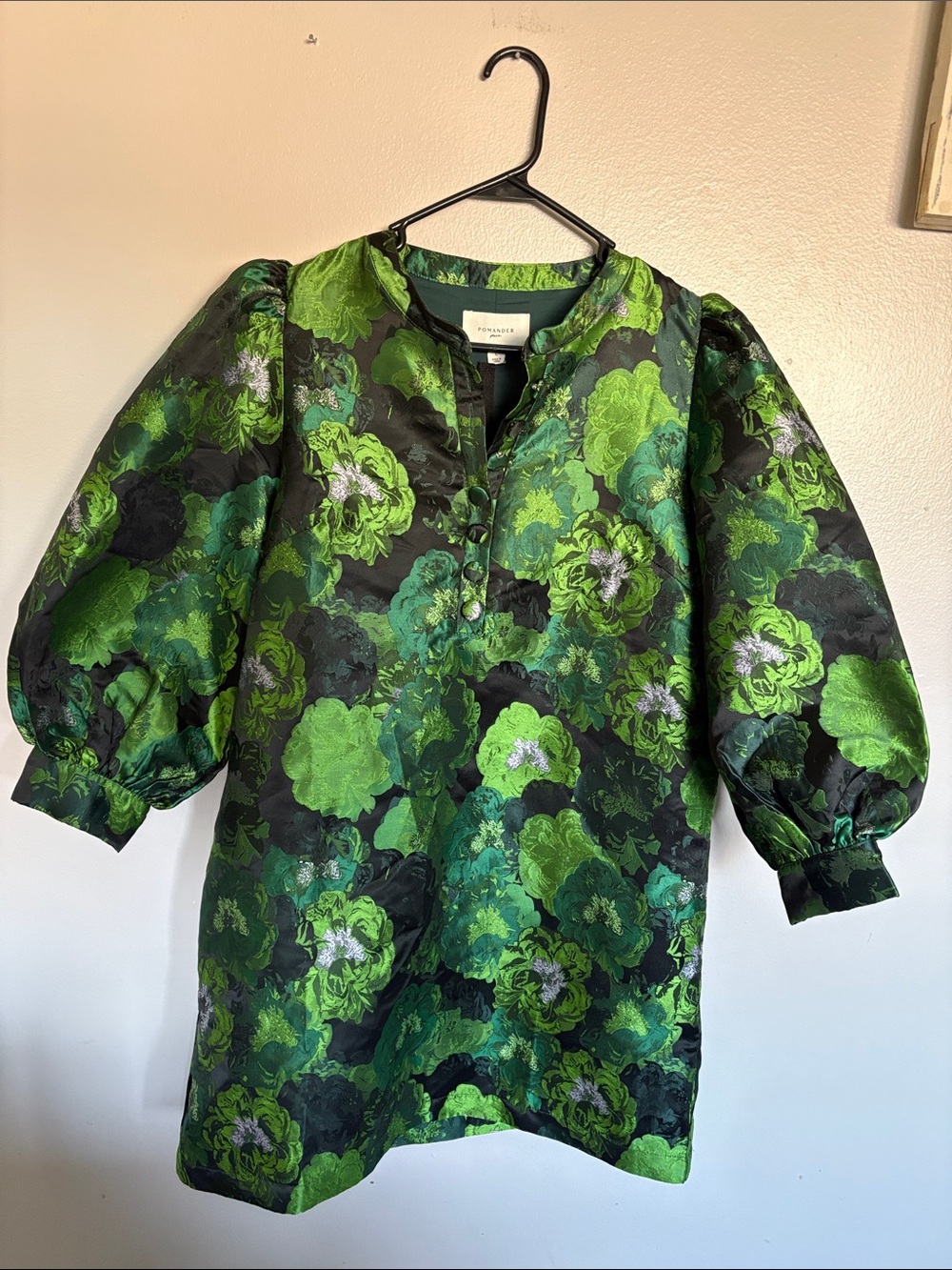 Pomander Place Jacquard Samantha Green/Navy Floral Puff-Sleeve mini Dress